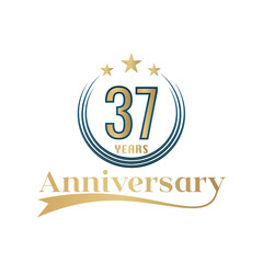 Fototapeta premium 37 Year Anniversary Vector Template Design Illustration. Gold And Blue color design with ribbon