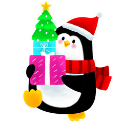 Penguin on Christmas cute cartoon character clipart.