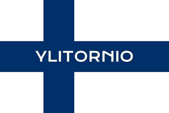 Ylitornio: Name der finnischen Stadt Ylitornio in der Provinz Lappi auf der Flagge der Republik Finnland