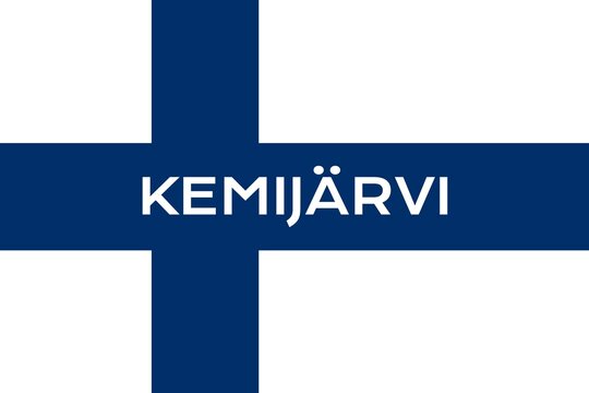 Kemijärvi: Name der finnischen Stadt Kemijärvi in der Provinz Lappi auf der Flagge der Republik Finnland