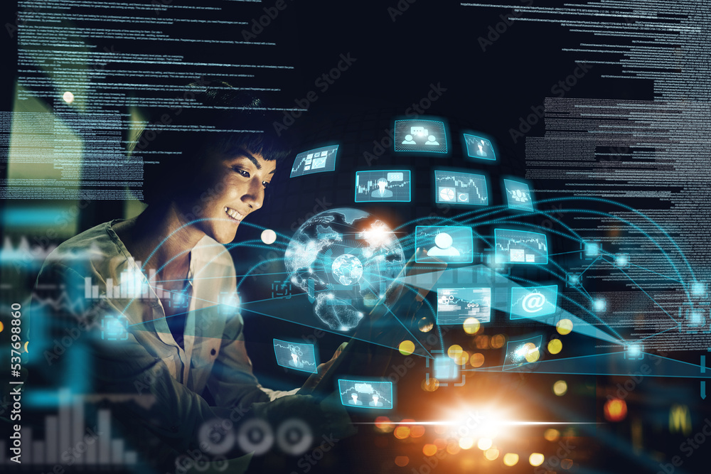 Fototapete overlay, blockchain and woman networking on a digital global communication website, email and intern