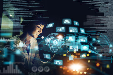 Overlay, blockchain and woman networking on a digital global communication website, email and internet. Future, night and happy trader trading on the stock market while on social media for world news