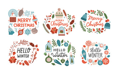 Merry Christmas with wreath hello winter lettering isolated flat design vector