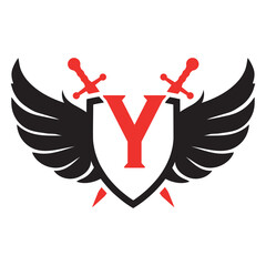 wing Letter Y with sheild swords concept