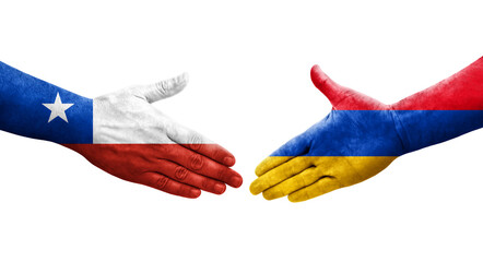 Handshake between Armenia and Chile flags painted on hands, isolated transparent image.