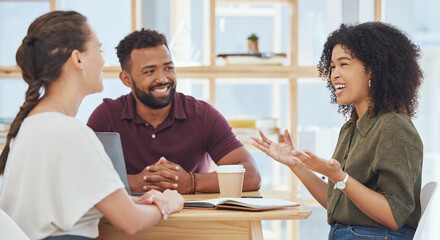 Diversity, team and discussion for work startup company, planning or strategy for business in cafe...