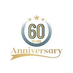 60 Year Anniversary Vector Template Design Illustration. Gold And Blue color design with ribbon