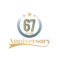 67 Year Anniversary Vector Template Design Illustration. Gold And Blue color design with ribbon