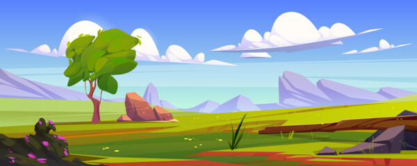 Beautiful green meadow in mountain valley. Cartoon vector illustration of panoramic natural landscape, summer field with lush grass, stones, tree and rocks on horizon under calm blue sky with clouds