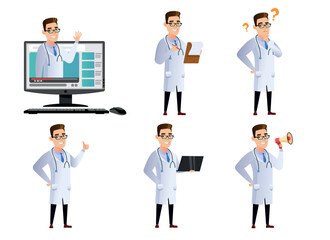 A set of cartoon doctor in different poses and actions