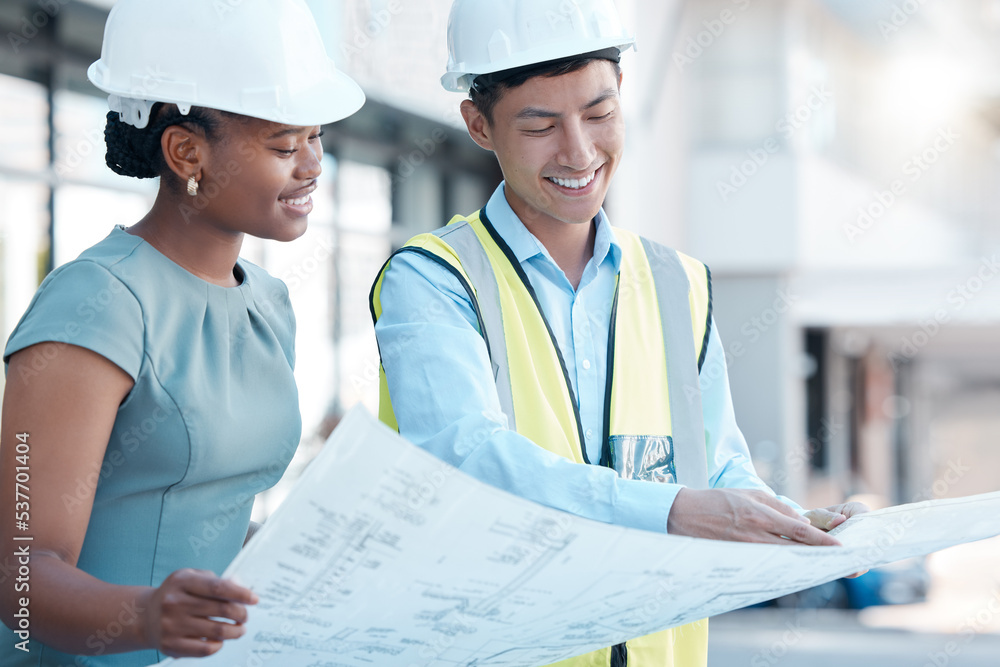 Poster Architect, team and building blueprint for planning at construction site for architecture design outside. Happy builder or contractor in teamwork smile holding paper layout for industrial development