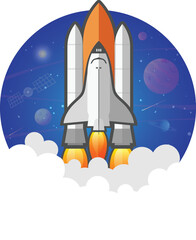 Rocket launch and space background with abstract shape and planets. Web design. space exploring. vector illustration