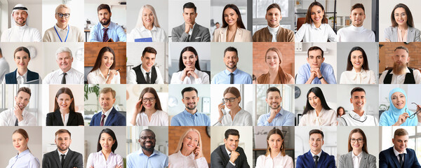 Collage with many business people in office