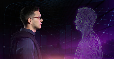 Young man with his digital projection on dark background. Concept of digital twin - obrazy, fototapety, plakaty
