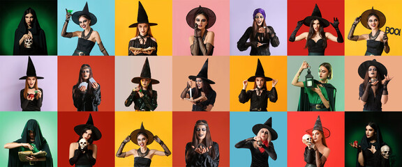Collage with young witches on colorful background