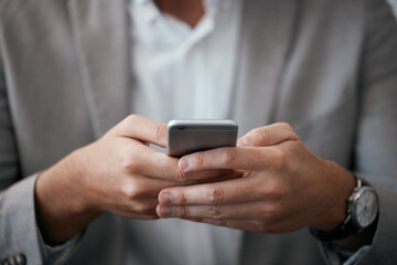 Businessman, hands or phone typing for schedule, calendar or stock market trading management. Zoom, finance worker or mobile networking technology in budget planning, crypto investment or fintech app