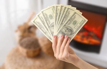 Female hand holding dollar banknotes and pellets with firewood in room. Concept of heating season