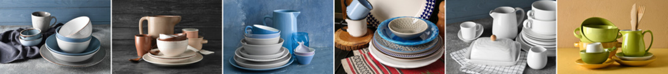 Collage of clean tableware on table
