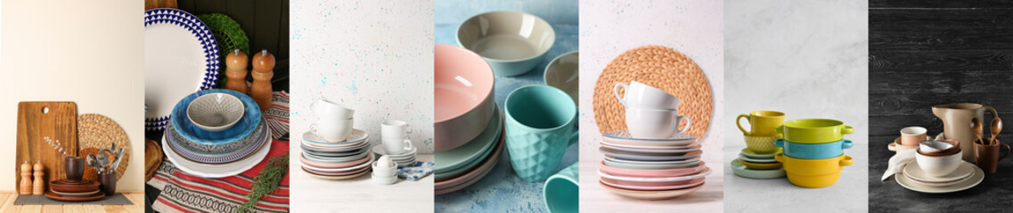 Collection of clean tableware on table