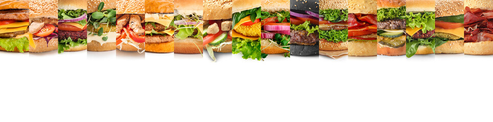 Collage of tasty burgers on white background with space for text