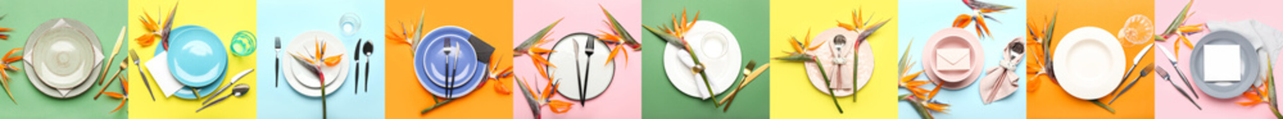 Different table settings with exotic strelitzia flowers, top view
