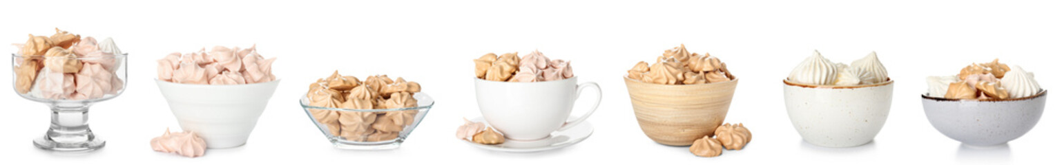 Collage of tasty meringues in bowls on white background
