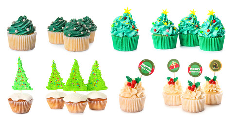 Set of many tasty Christmas cupcakes isolated on white