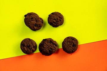 Chocolate chip cookies on Stacked, chocolate chip cookies close up., with color background