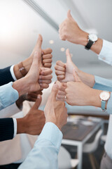 Thumbs up, business people success and hands in modern office of teamwork celebration, review and motivation. Closeup corporate group of winner employees, support and like emoji vote of goal feedback