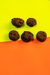 Chocolate chip cookies on Stacked, chocolate chip cookies close up., with color background
