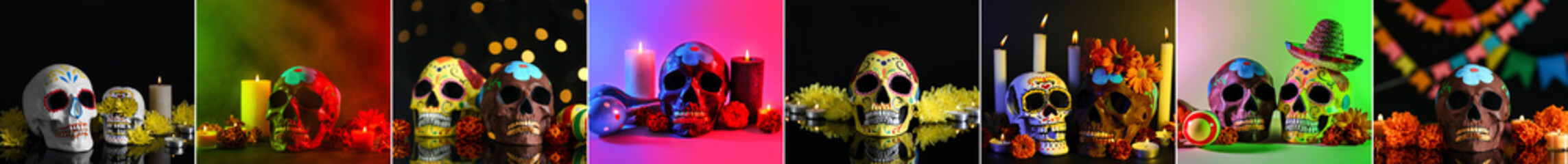 Collage with painted skulls for Mexico's Day of the Dead (El Dia de Muertos), flowers and candles