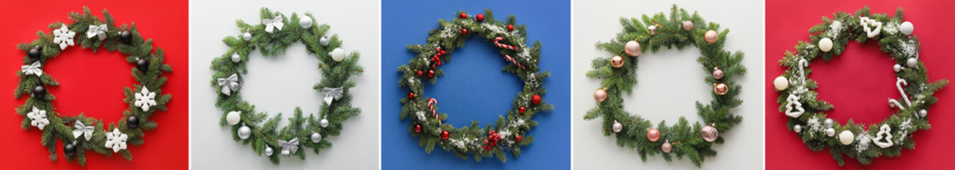 Set of beautiful Christmas wreaths on colorful background