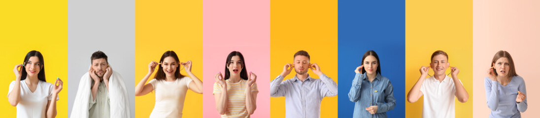 Collection of people with earplugs on color background