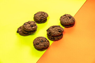 Chocolate chip cookies on Stacked, chocolate chip cookies close up., with color background
