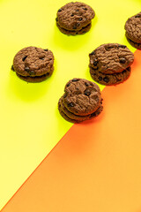 Chocolate chip cookies on Stacked, chocolate chip cookies close up., with color background