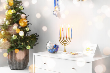 Interior of light room decorated for Hanukkah celebration