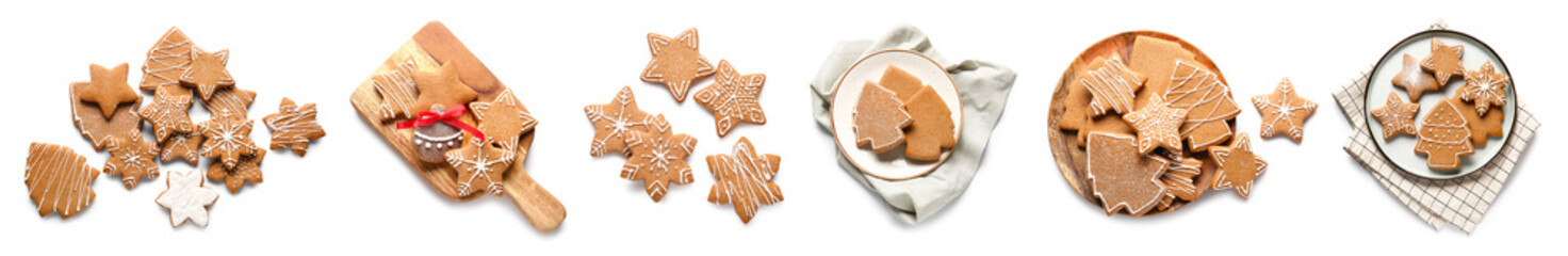 Set of tasty gingerbread cookies isolated on white, top view