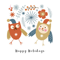 Christmas card, Seasons greetings illustration,  cute owls and snowflakes on white background