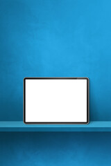 Digital tablet pc on blue wall shelf. Vertical background banner