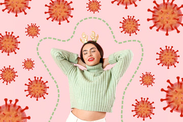 Happy young woman and drawn virus on pink background. Concept of strong immunity