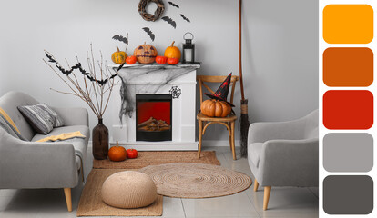 Interior of living room decorated for Halloween. Different color patterns