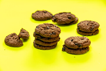 Chocolate chip cookies on Stacked, chocolate chip cookies close up., with color background