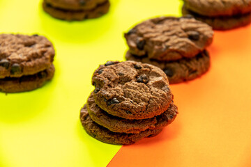 Chocolate chip cookies on Stacked, chocolate chip cookies close up., with color background