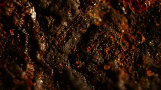 Surface of the Martian soil under a microscope. Day to night effect. Research Mars mission. Exploring uninhabited planets with rovers. Ferric chloride