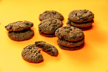 Chocolate chip cookies on Stacked, chocolate chip cookies close up., with color background