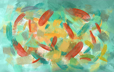 Abstract paint strokes, orange ang green oil painting on canvas wallpaper, painted artwork