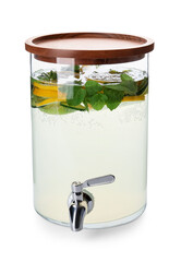 Jar of delicious lemonade on white background
