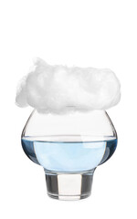 Glass with tasty cotton candy beverage on white background