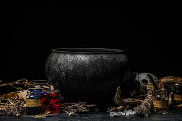 Witch's cauldron and magic attributes for ritual on dark background
