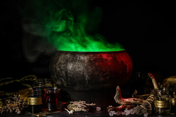 Witch's cauldron with potion and magic attributes for ritual on dark background